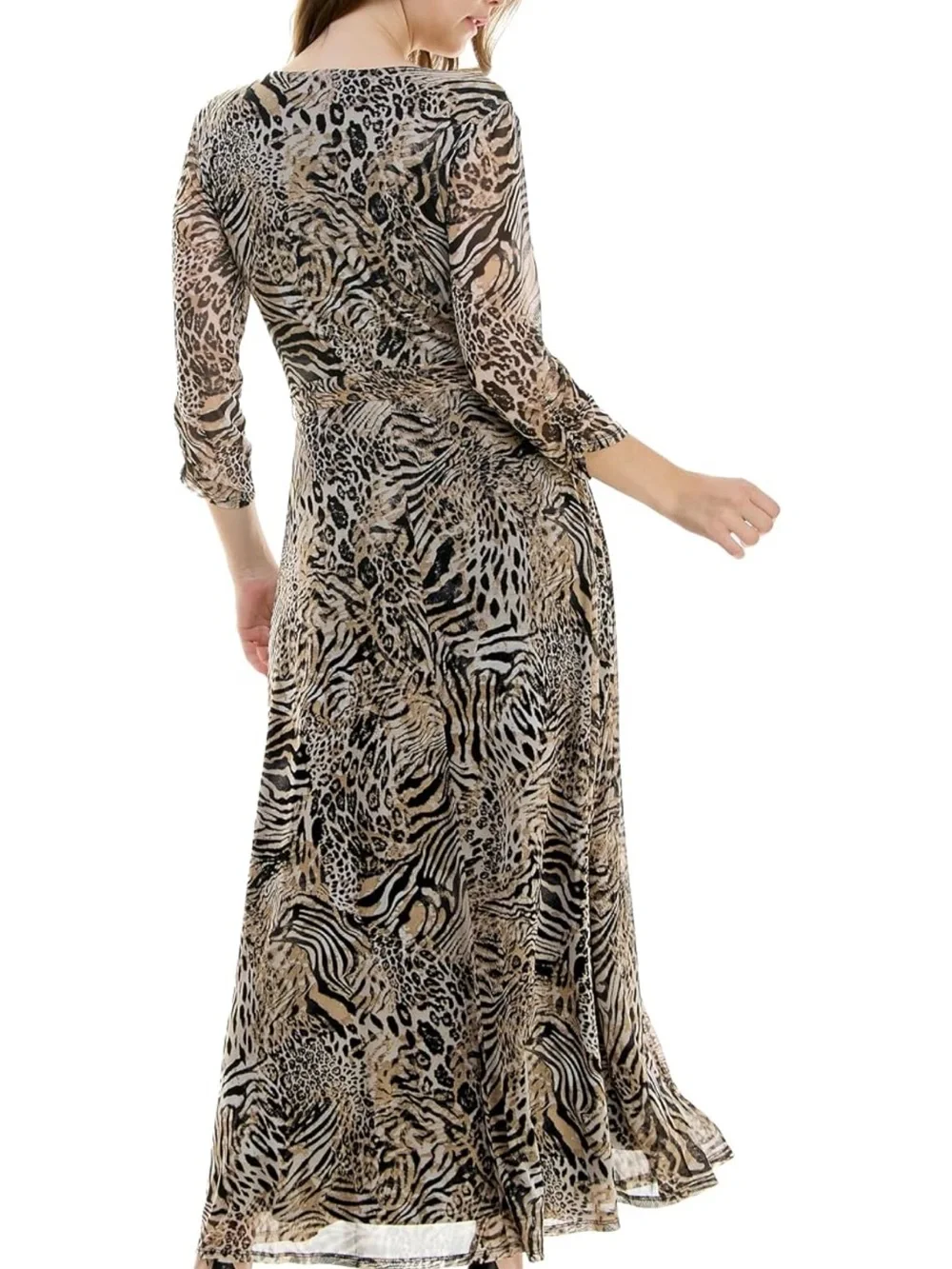 Wrap Maxi Dress in Beige & Black Animal Print with Tie Waist